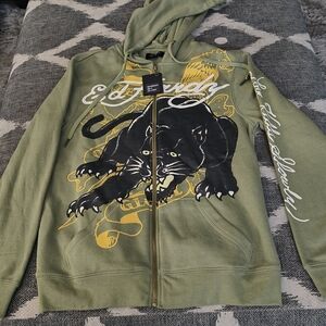 Ed Hardy Olive Hoodie with Panther and Yellow Accents